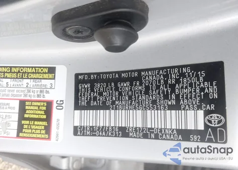 2016 Toyota Corolla Le из США, поврежденный, VIN 2T1BURHE5GC553163